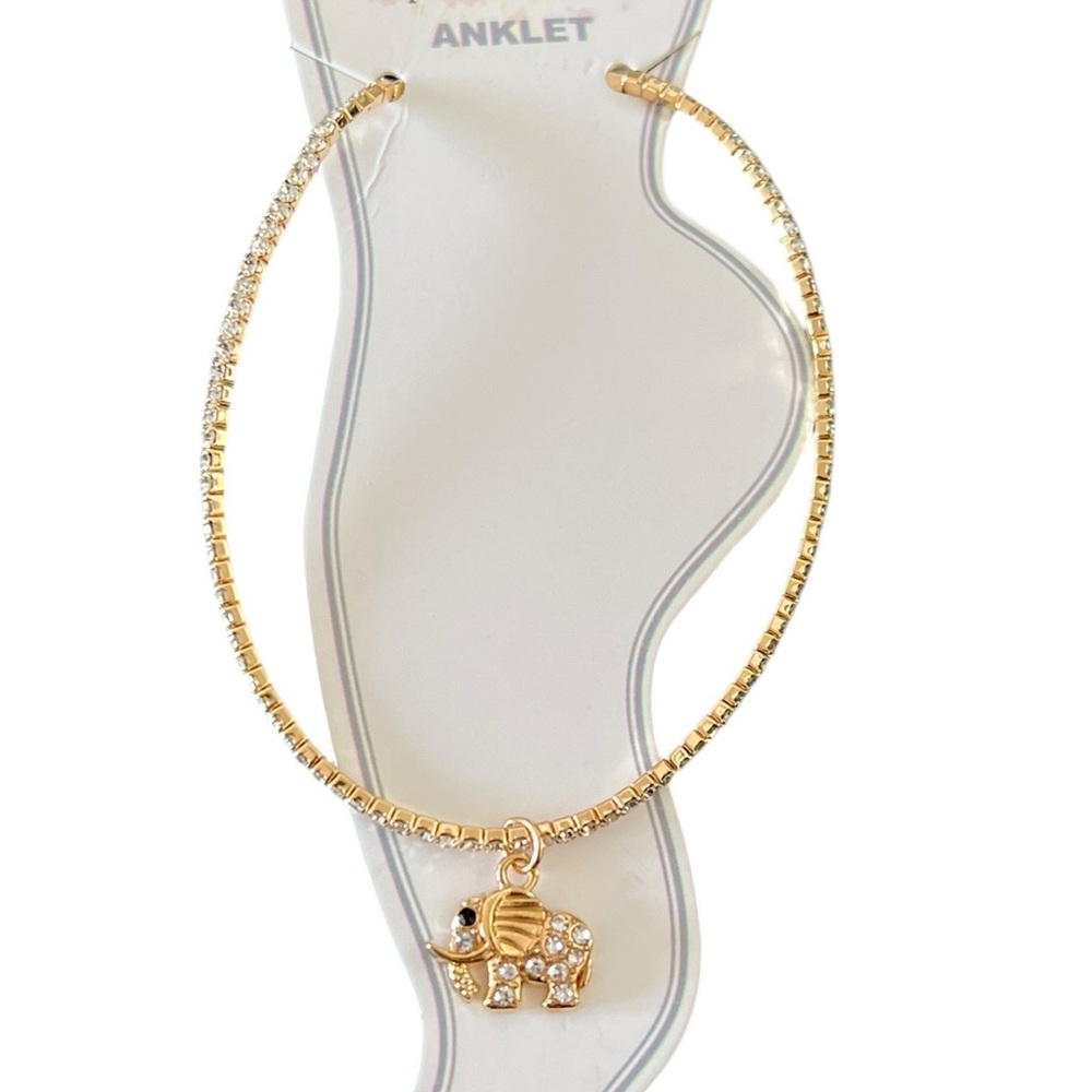 Gold Elephant Charm Allover Rhinestone Stretch Anklet Ankle Bracelet Good Luck